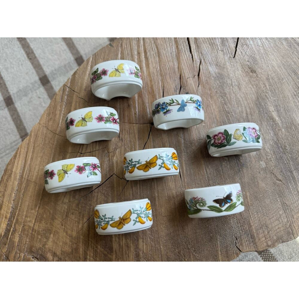 Portmeirion Botanic Garden Butterflies Ceramic Napkin Rings 8 Lot Set England